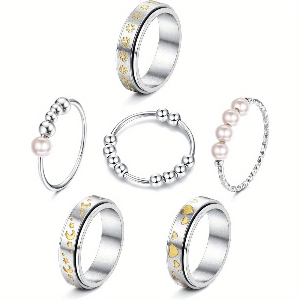 6pcs 316L Stainless Steel Spinner Rings Fidget Rings for Anxiety for Men Anti Anxiety Ring with Beads Sunflower Moon Star Stress Relieving Rings Set, for Teenager