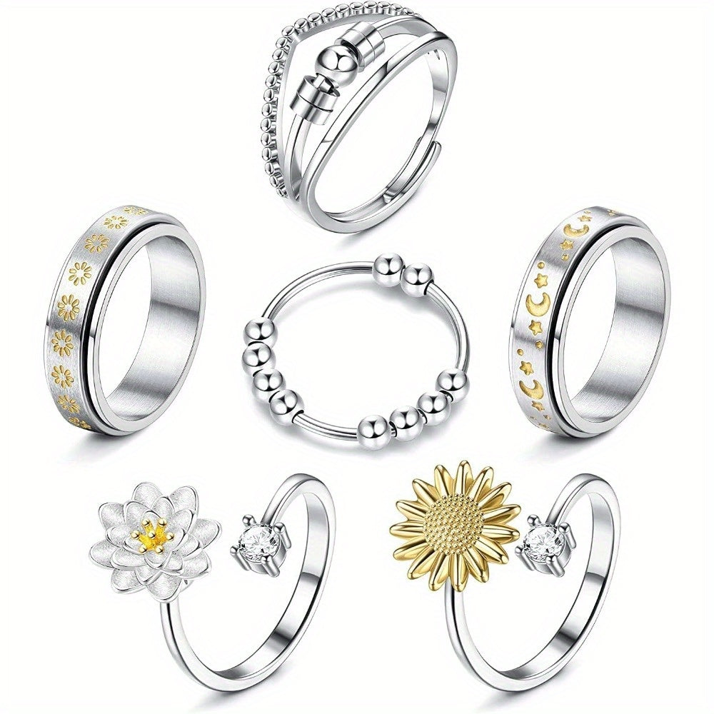 6pcs 316L Stainless Steel Spinner Rings Fidget Rings for Anxiety Men Anti Anxiety Ring with Beads Sunflower Moon Star Stress Relieving Rings Set, for Teenager