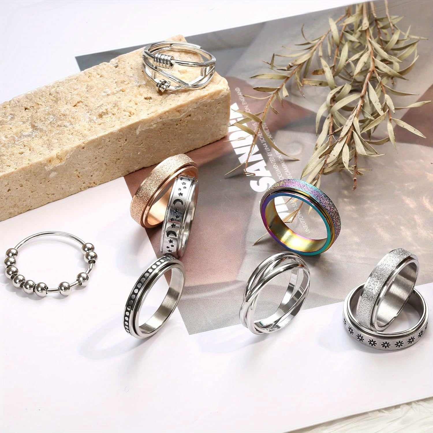 9pcs Fidget Rings for Anxiety 316L Stainless Steel Spinner Ring Anti Anxiety Ring Spinning Moon Star Flower Bead Stress Relieveing Rings for Men, for Teenager