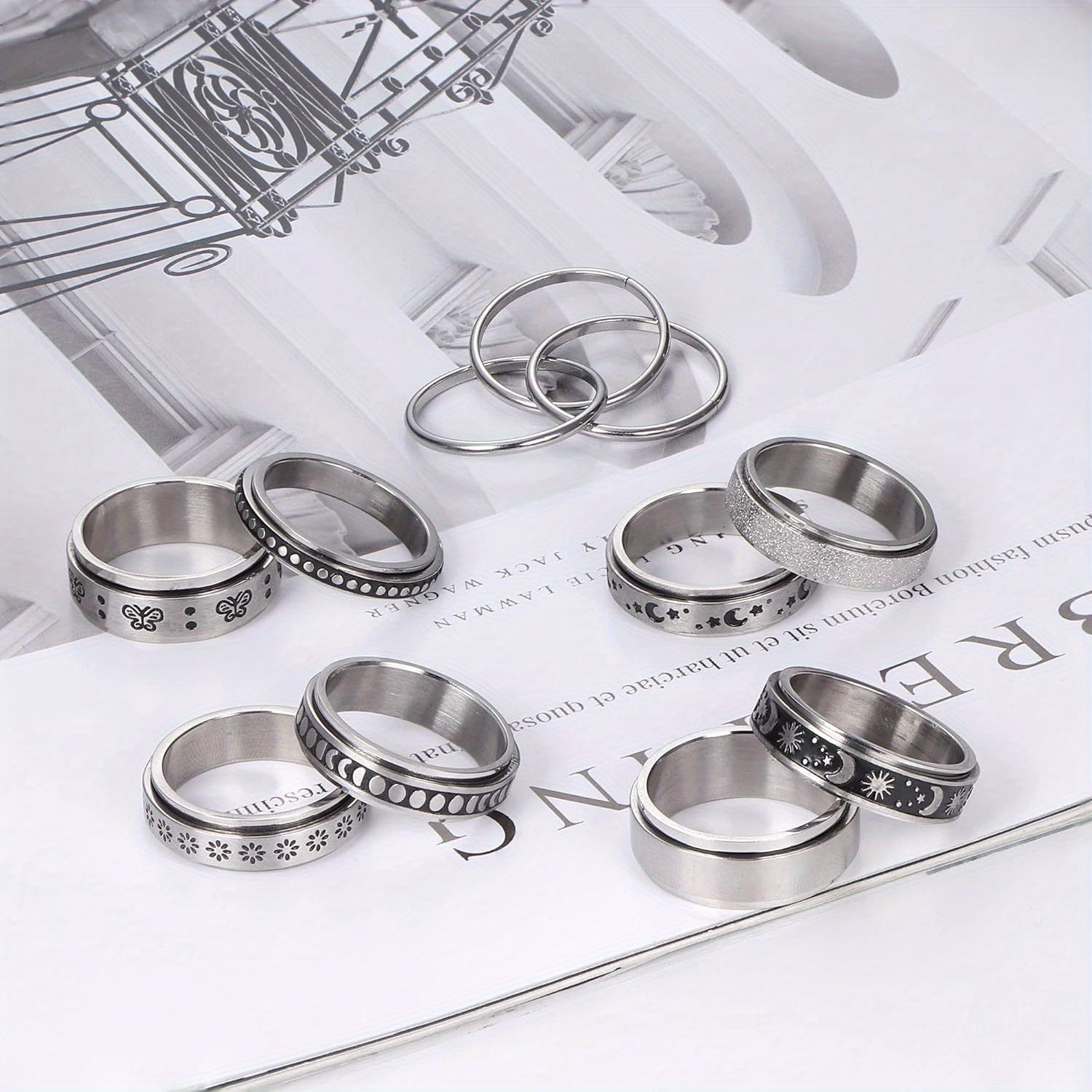 9pcs Stainless Steel Anxiety Rings for Women Men Hypoallergenic Relieving Stress Anxiety Fidget Band Spinner Ring Moon Star Sand Blast Finish Ring