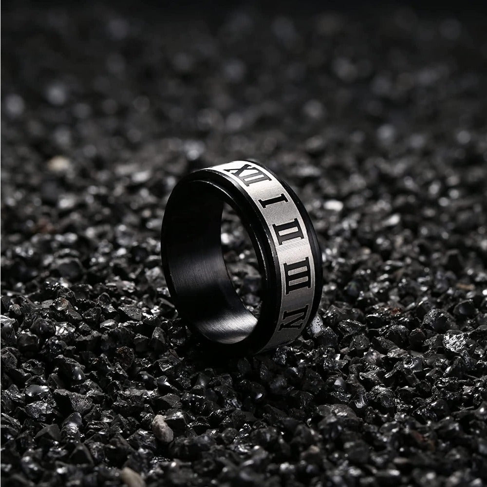 6pcs 316L Stainless Steel Band Rings for Men Women, Black Spinner Rings for Anxiety, Cool Plain Chain Inlaid Fidget Ring Set, Black Mens Wedding Promise Band Ring Pack