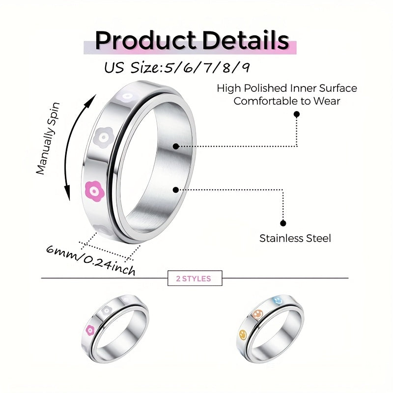 1pc Stainless Steel Spinner Rings for Anxiety Fidget Band Rings for Women Men Flower Happy Face Ring Stress Relieving Reduce Anxiet