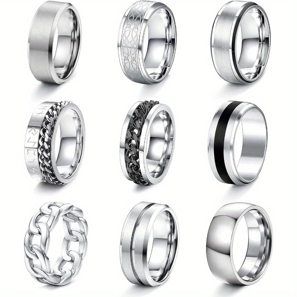9pcs Revolving Chain Ring Gothic Celtic 316L 316L Stainless Steel Vintage Rock Band Promise Jewelry, For Teenager