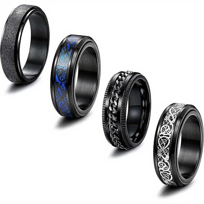 4pcs Anxiety Ring Spinner Fidget Rings for Anxiety Dragon Ring Black 316 316L Stainless Steel Rings for Men Women