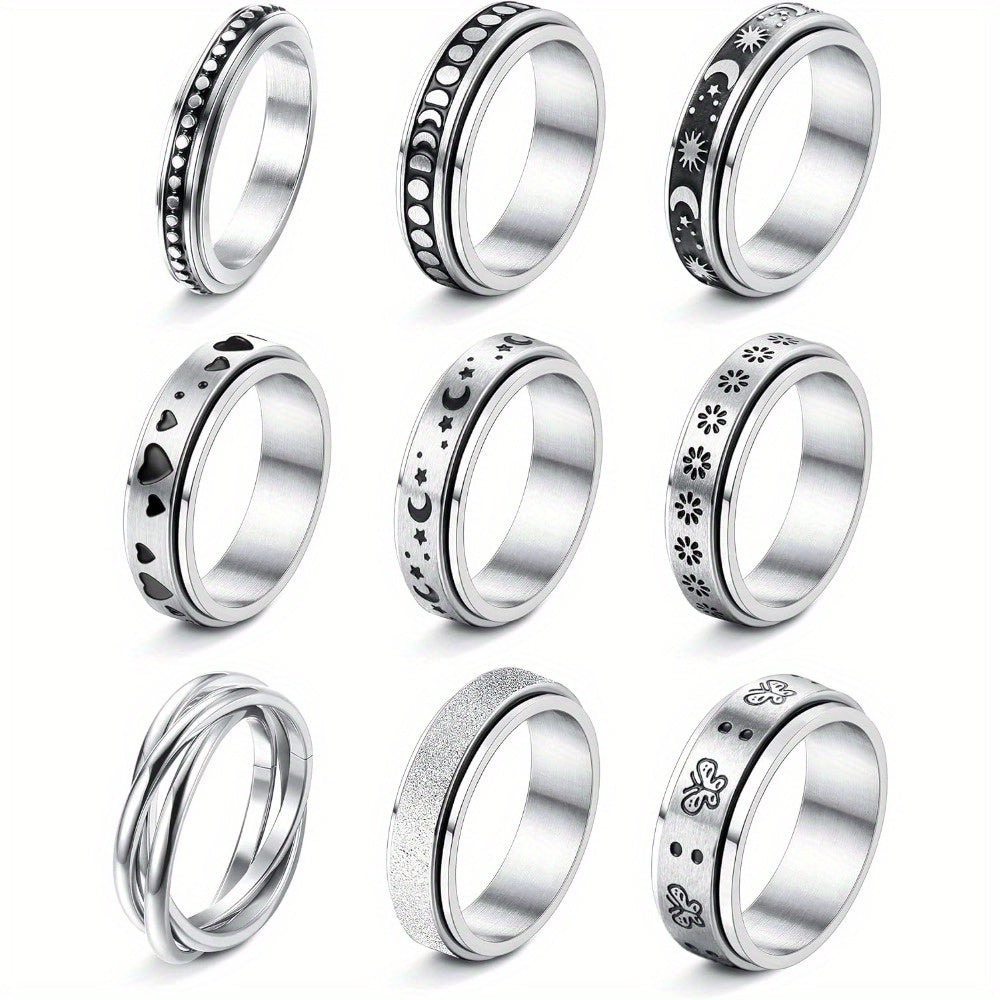 9pcs 316L Stainless Steel Rings for Men Women Hypoallergenic Relieving Stress Fidget Band Spinner Ring Moon Star Sand Blast Finish Ring Set