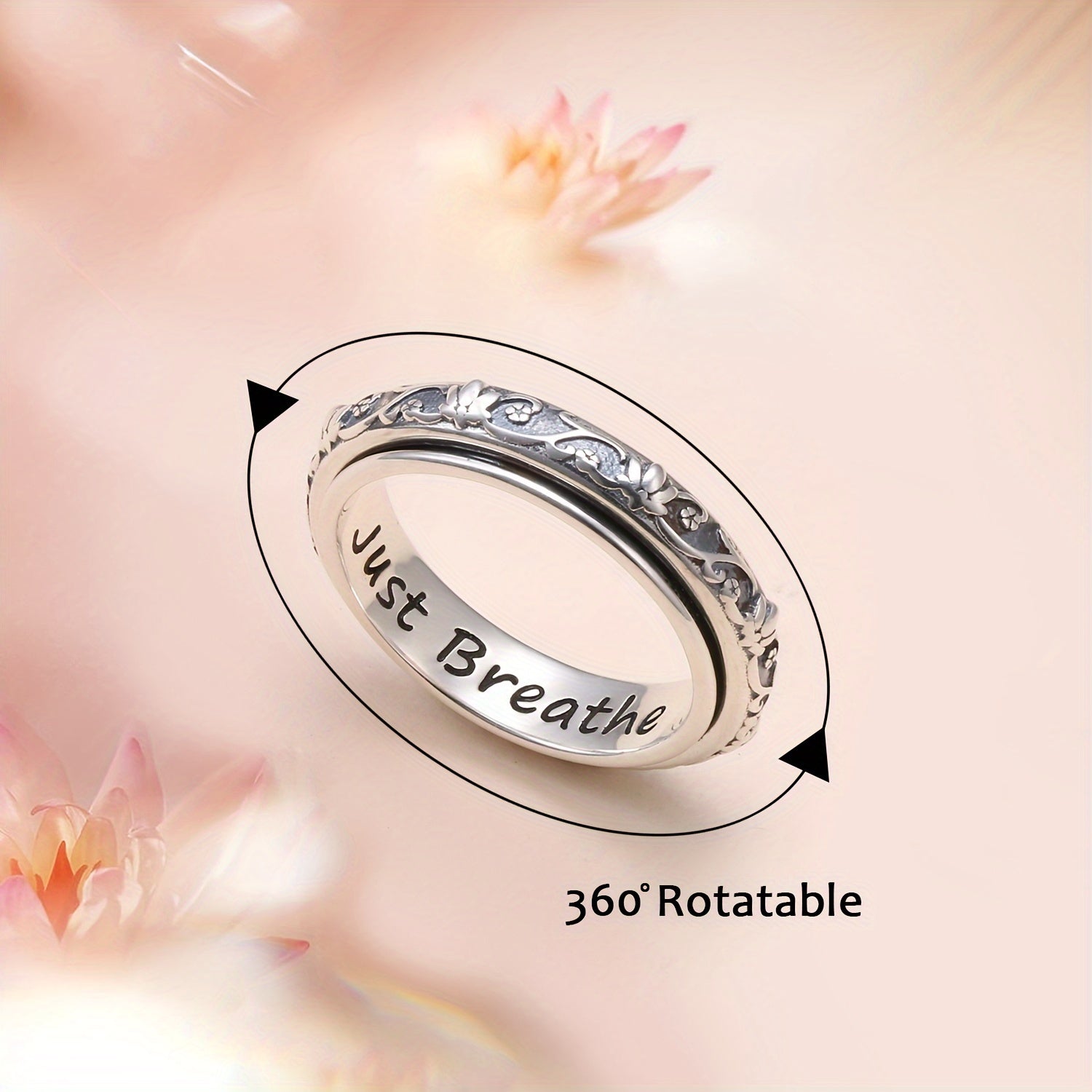 S925 Sterling Silver Lotus Flower Fidget Ring - Yoga Anxiety Worry Band for Women Men - Oxidized ADHD Autism Spinner