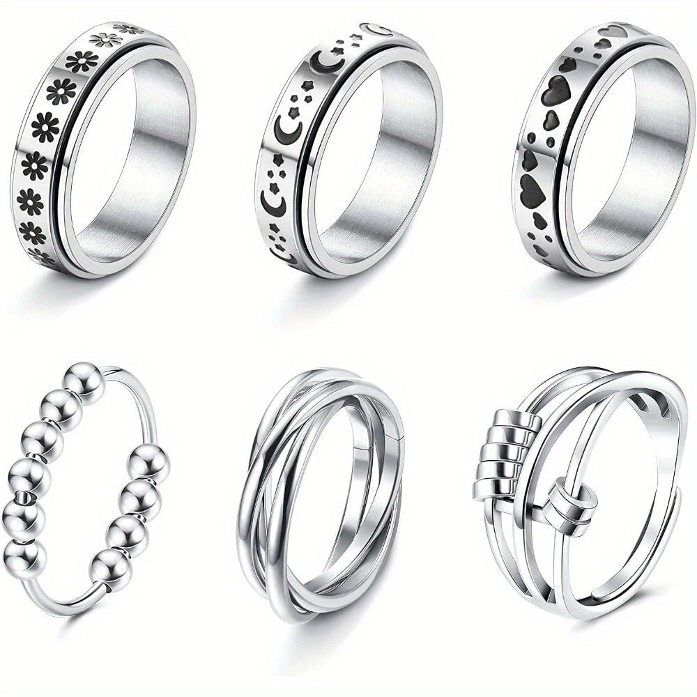 6pcs Anxiety Rings for Women - Stainless Steel Spinner Fidget Rings with Beads, Moon Star Flower Heart Cutout Designs for Relax, Hip-Hop Vacation Style Jewelry for Pride Month Parties & Casual Attire, Playful Jewelry, Polished Finish