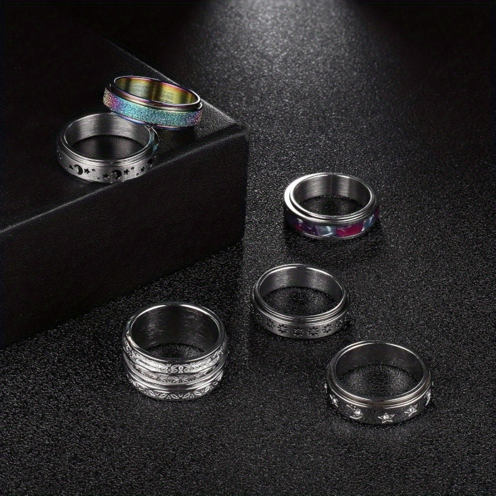 6pcs Fidget Rings for Anxiety 316L Stainless Steel Spinner Band Rings for Women Fidget Anxiety Rings Flower Moon Star Rainbow Sand Blast Finished Cool Stress Relieving Rings Set