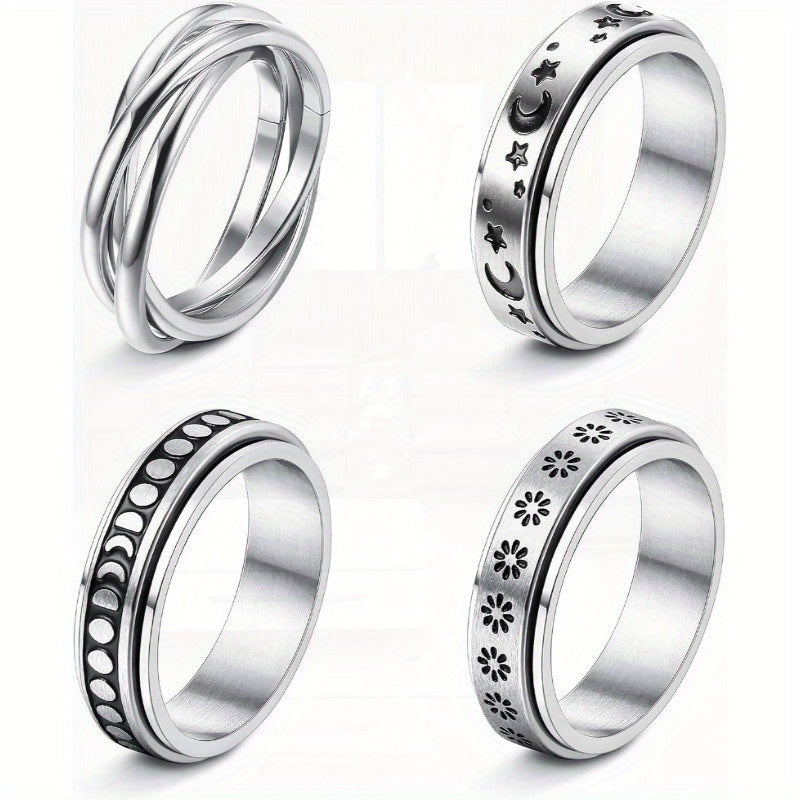 Stainless Steel Fidget Anxiety Ring for Women Men Fidget Spinner Rings Moon Star Celtic Stress Relieving Spinning Ring Wedding Band Rings Set46pcs