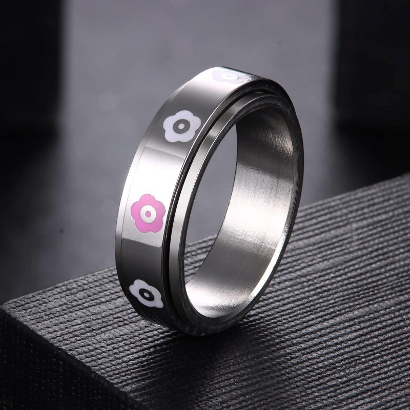 1pc Stainless Steel Spinner Rings for Anxiety Fidget Band Rings for Women Men Flower Happy Face Ring Stress Relieving Reduce Anxiet