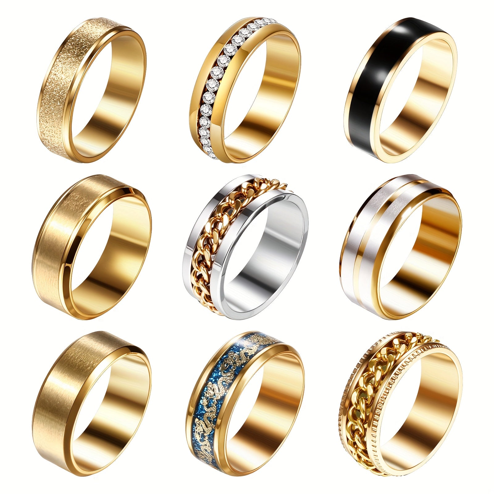 Men'S Stainless Steel Fidget Spinner Rings: Cool Rotating Ring Set - Black Omnidirectional Stainless Steel Anxiety Rings Set of 9