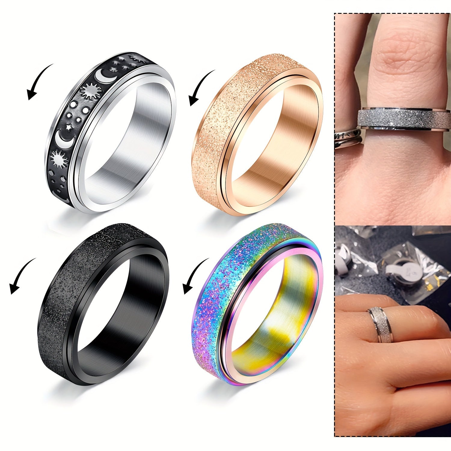 4pcs Stainless Steel Anxiety Ring for Women Fidget Anxiety Rings for Anxiety Rotatable Spinner Rings for Anxiety Stress Relieving Anxiety Rings Spinner Women Stress Roller Rings Anxiety Spinner Ring Size 6-10