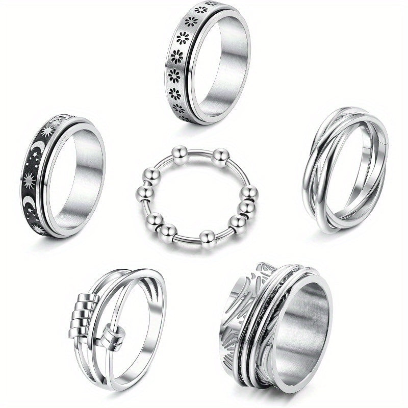 6pcs Stainless Steel Spinner Ring - Anti Anxiety Fidget Rings for Women Men - Cool Stress Relieving Spinning Moon Star Rings to Match Your Daily Outfits