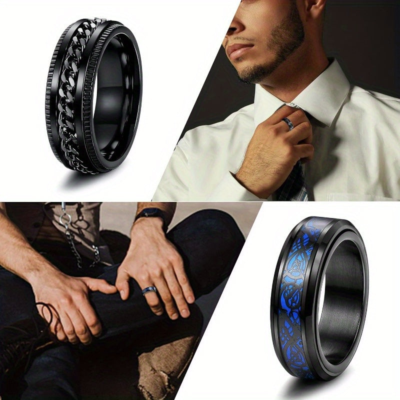 4pcs Anxiety Ring Spinner Fidget Rings for Anxiety Dragon Ring Black 316 316L Stainless Steel Rings for Men Women