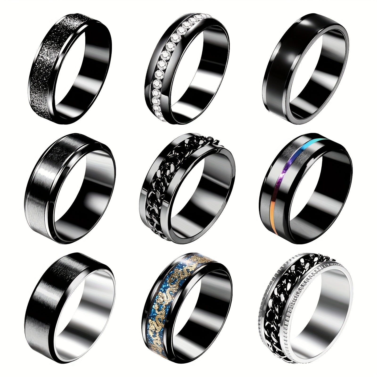Men'S Stainless Steel Fidget Spinner Rings: Cool Rotating Ring Set - Black Omnidirectional Stainless Steel Anxiety Rings Set of 9
