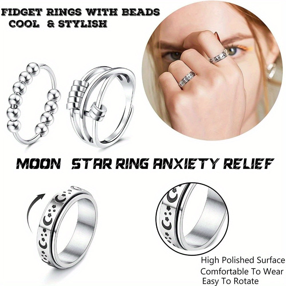 6pcs Anxiety Rings for Women - Stainless Steel Spinner Fidget Rings with Beads, Moon Star Flower Heart Cutout Designs for Relax, Hip-Hop Vacation Style Jewelry for Pride Month Parties & Casual Attire, Playful Jewelry, Polished Finish
