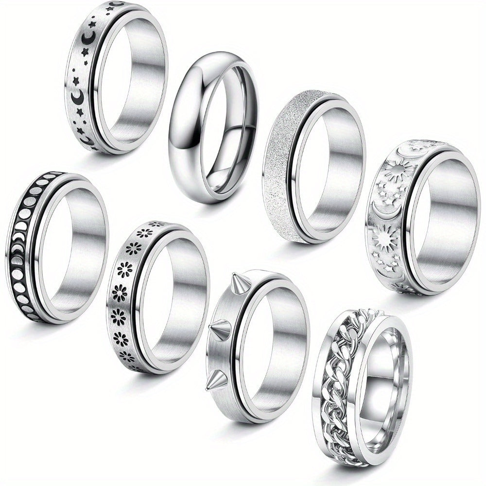 8pcs Fidget Rings for Anxiety 316L Stainless Steel Spinner Ring Anxiety Ring Spinning Moon Star Flower Cool Relaxing Rings for Teenager Teenager, For Teenager