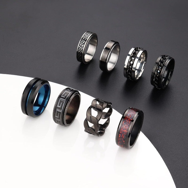8pcs Black Fidget Rings for Anxiety Relief - Spinning Bands with Unique Patterns - Stainless Steel, Cool Chain Design for Casual to Formal Occasions, Casual Wear Bands|Stylish Spinning Bands|Durable Stainless Stee