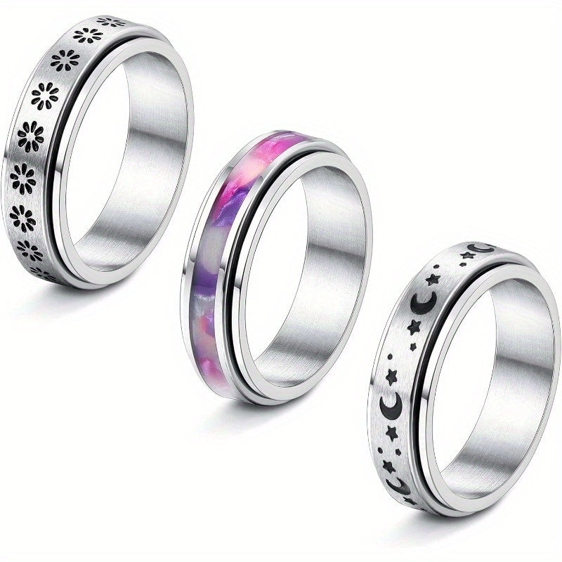 3pcs 316L 316L Stainless Steel Spinner Rings for Men & Women - Moon, Star, Flower Fidget Bands for Relax, Wedding Promise Rings, Everyday & Party Wear, Perfect Gift for Holidays, Music Festivals, Father'S Day, Thanksgiving, Easter, Relax Rings |