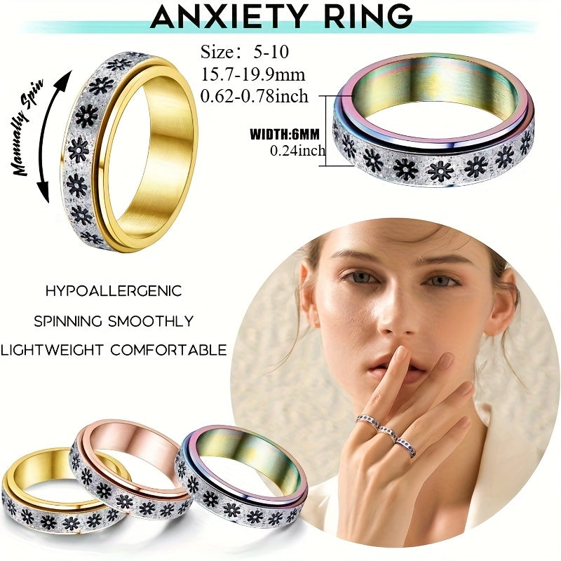 3pcs Fidget Ring Anxiety Ring for Men Women 316L Stainless Steel Spinner Rings for Anxiety Golden/Rose Golden/Rainbow Flower Relieving Anxiety Ring Sets