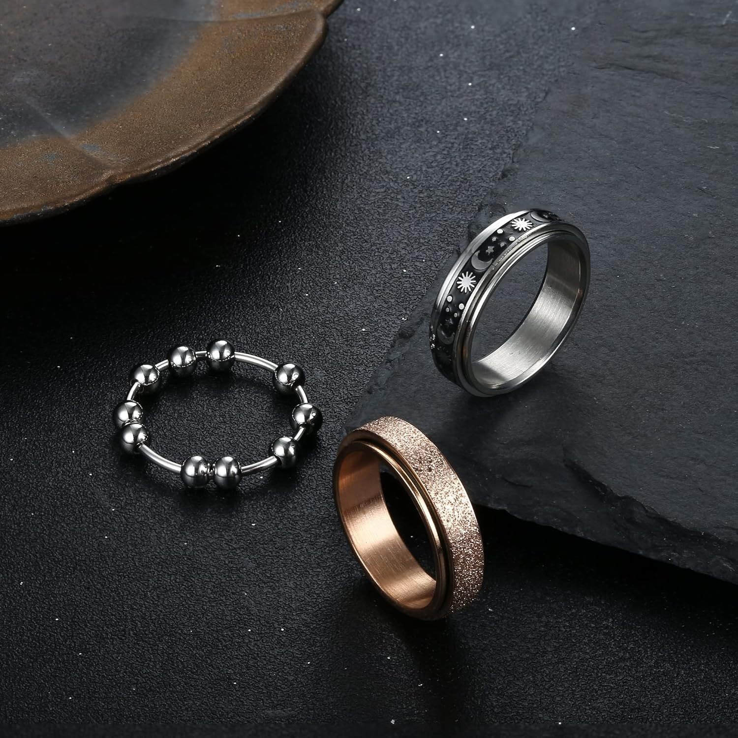 6pcs 316L Stainless Steel Spinning Fidget Rings for Teenager - Relax & Anxiety Relief with Beads, Moon, Star, Flower Designs - 316L 316L Stainless Steel, Casual Jewelry, Fidget Spinners, For Teenager