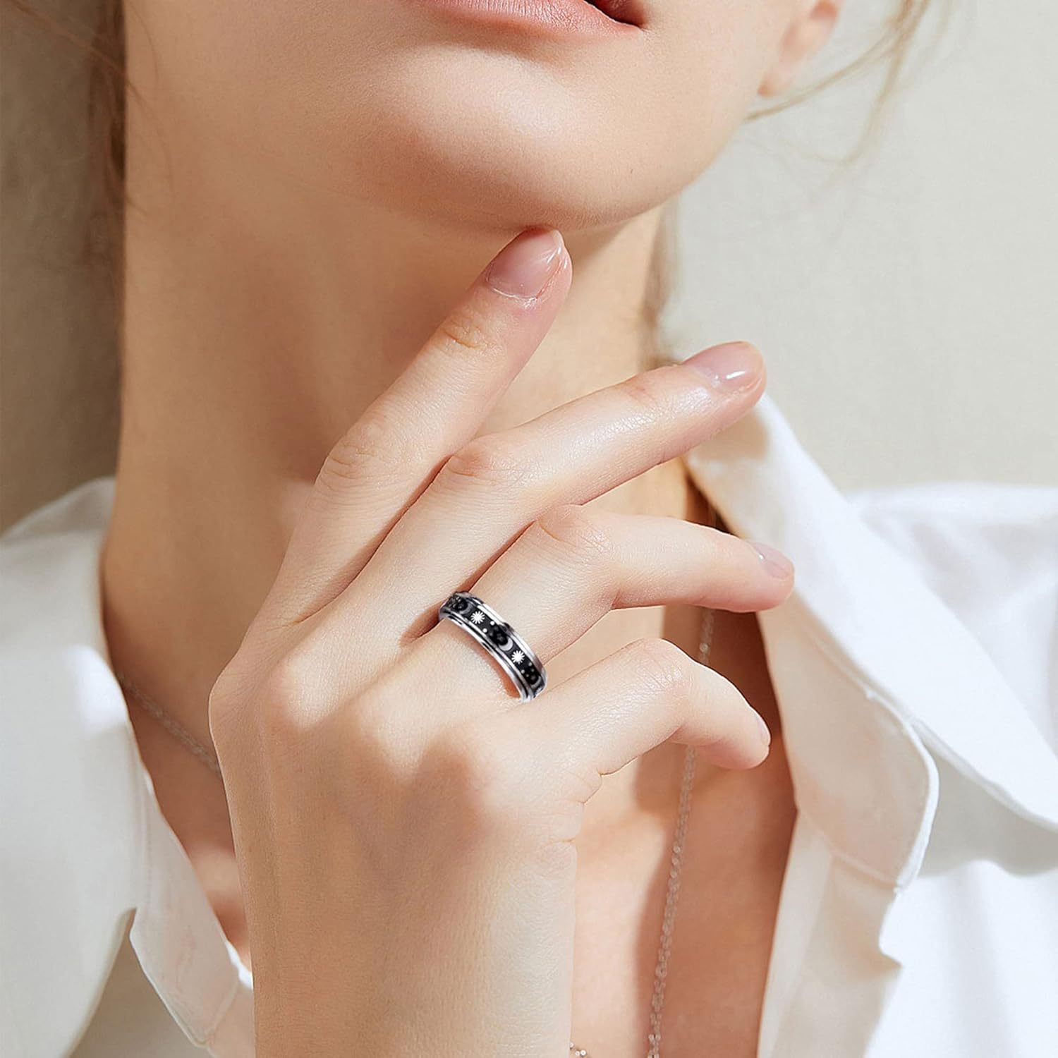 6pcs 316L Stainless Steel Spinning Fidget Rings for Teenager - Relax & Anxiety Relief with Beads, Moon, Star, Flower Designs - 316L 316L Stainless Steel, Casual Jewelry, Fidget Spinners, For Teenager