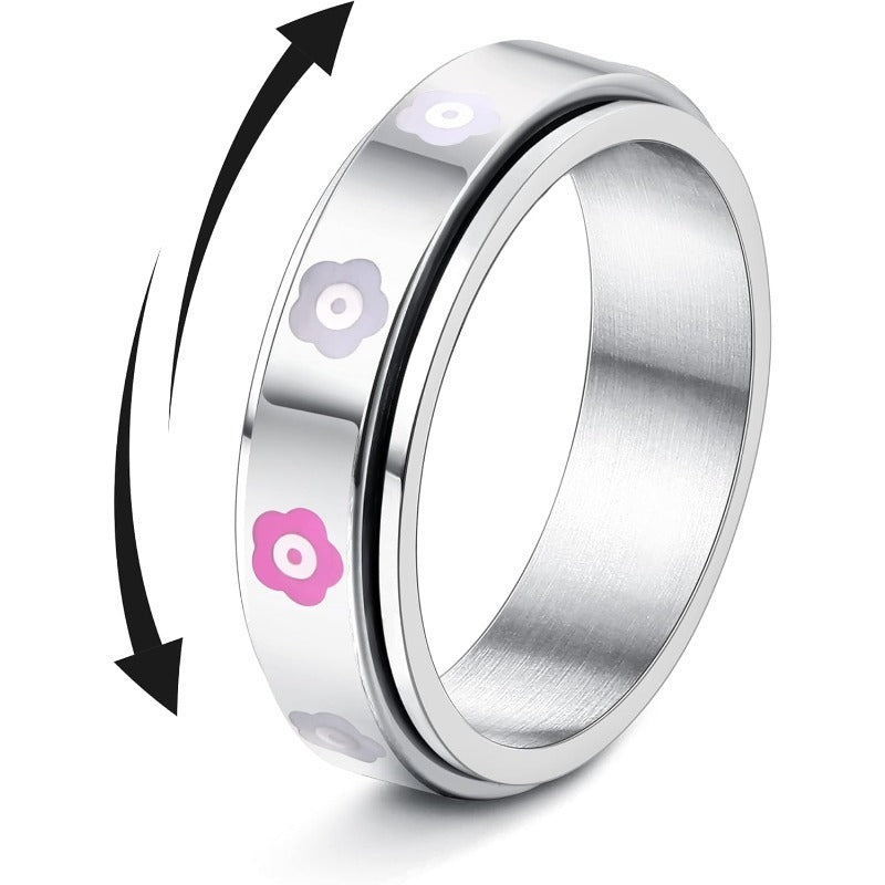 1pc Stainless Steel Spinner Rings for Anxiety Fidget Band Rings for Women Men Flower Happy Face Ring Stress Relieving Reduce Anxiet