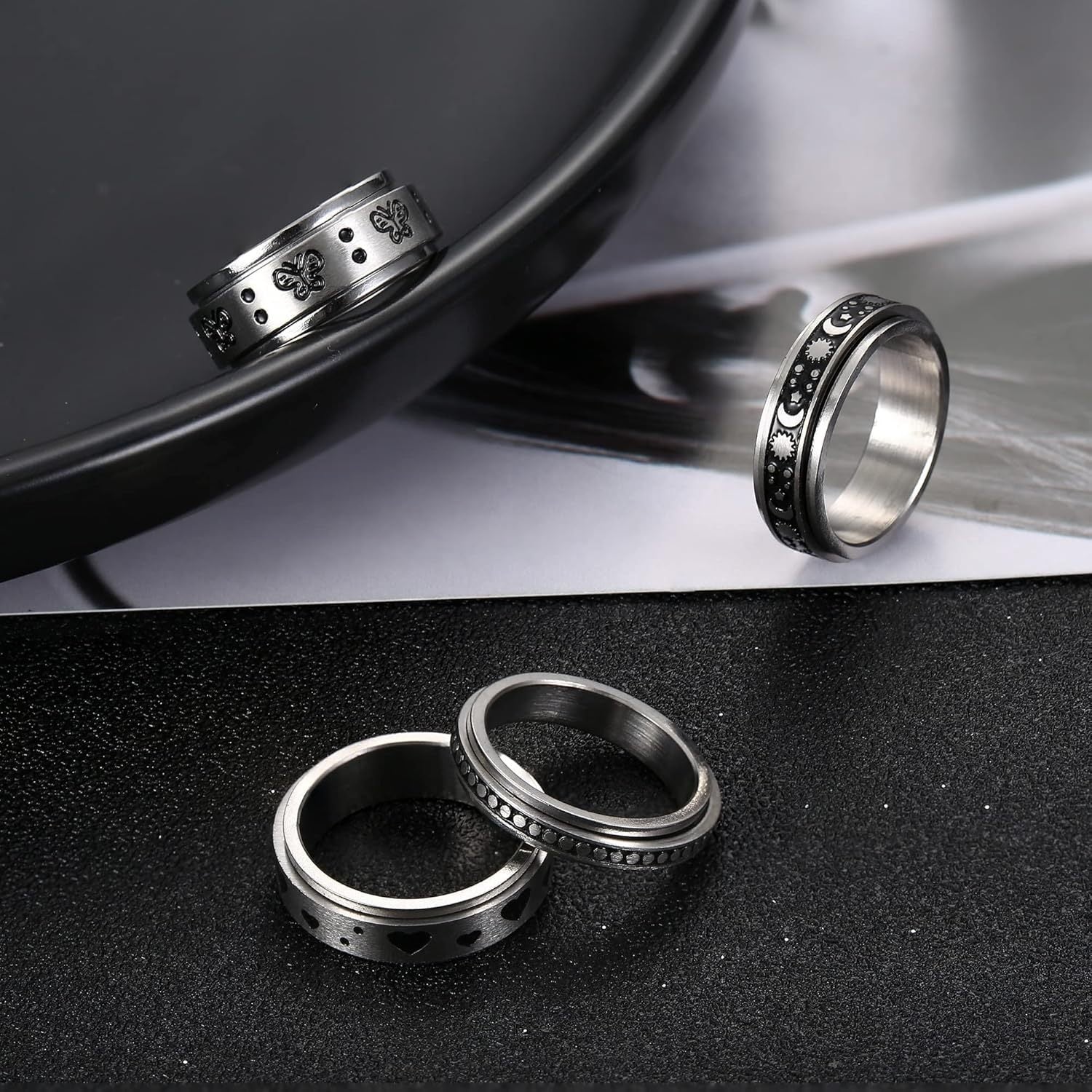 9pcs 316L Stainless Steel Rings for Men Women Hypoallergenic Relieving Stress Fidget Band Spinner Ring Moon Star Sand Blast Finish Ring Set