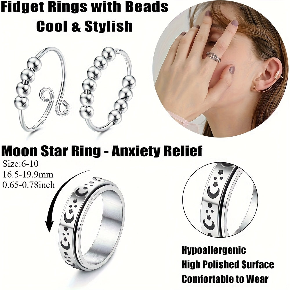 9pcs 316L Stainless Steel Spinner Rings Fidget Rings for Anxiety for Teenager Teenager Anti Anxiety Ring with Beads Flower Moon Star Stress Relieving Rings Set, For Teenager
