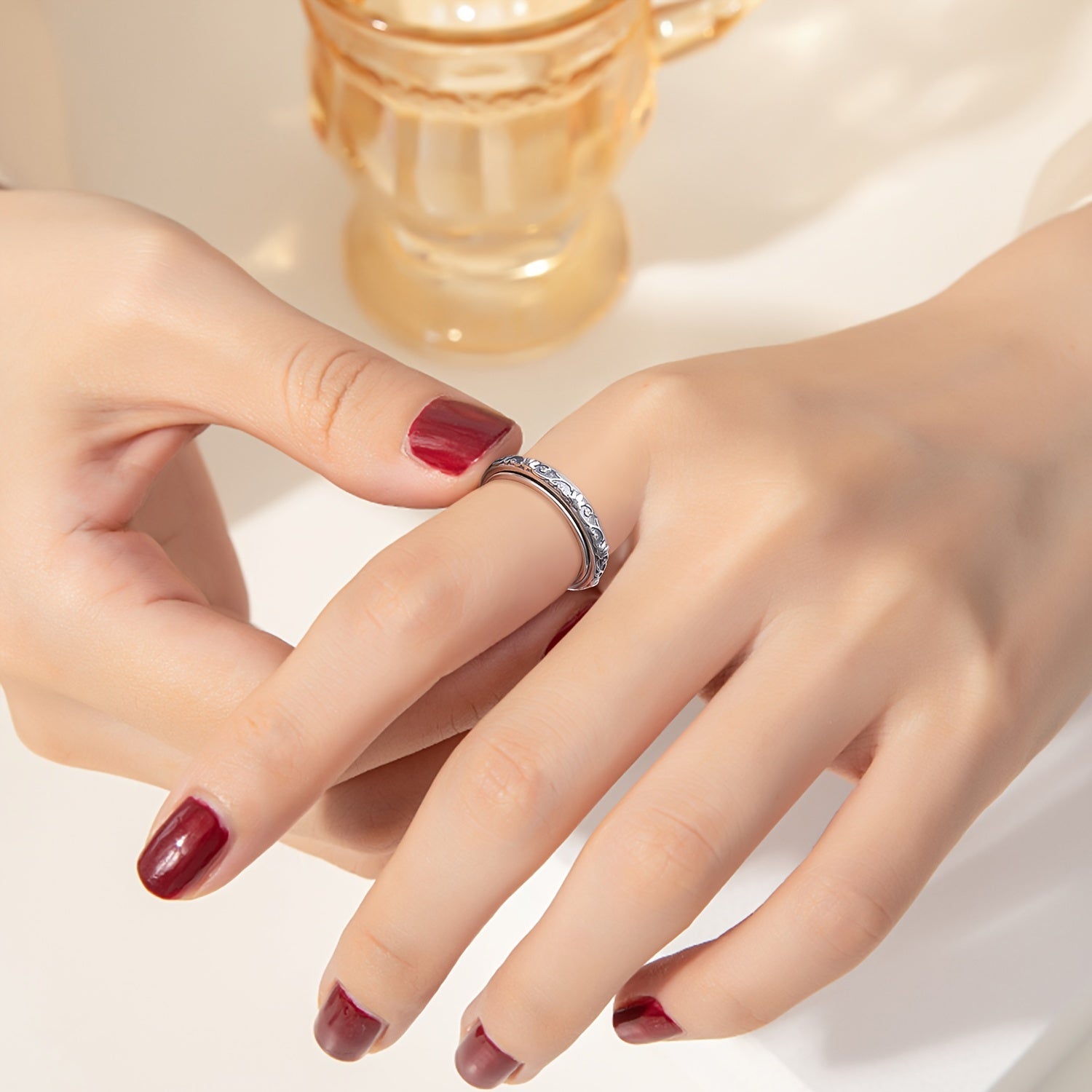 S925 Sterling Silver Lotus Flower Fidget Ring - Yoga Anxiety Worry Band for Women Men - Oxidized ADHD Autism Spinner