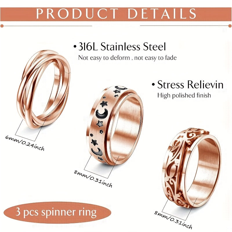 3pcs 316L Stainless Steel Fidget Spinner Rings - Moon & Star Design, Celtic-Inspired Stress-Relieving Spinning Rings for Women & Men, Ideal for Gifting, Sports & Casual Attire, Casual Attire Rings|Stainless Steel Rings|Durable Rings, Fidget Spinner Rings