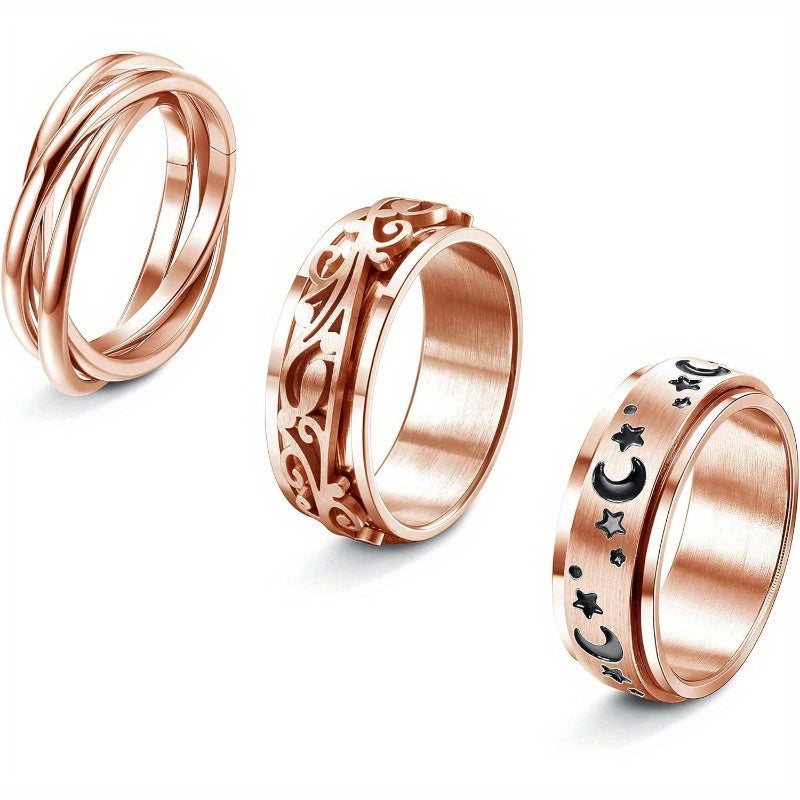 3pcs 316L Stainless Steel Fidget Spinner Rings - Moon & Star Design, Celtic-Inspired Stress-Relieving Spinning Rings for Women & Men, Ideal for Gifting, Sports & Casual Attire, Casual Attire Rings|Stainless Steel Rings|Durable Rings, Fidget Spinner Rings