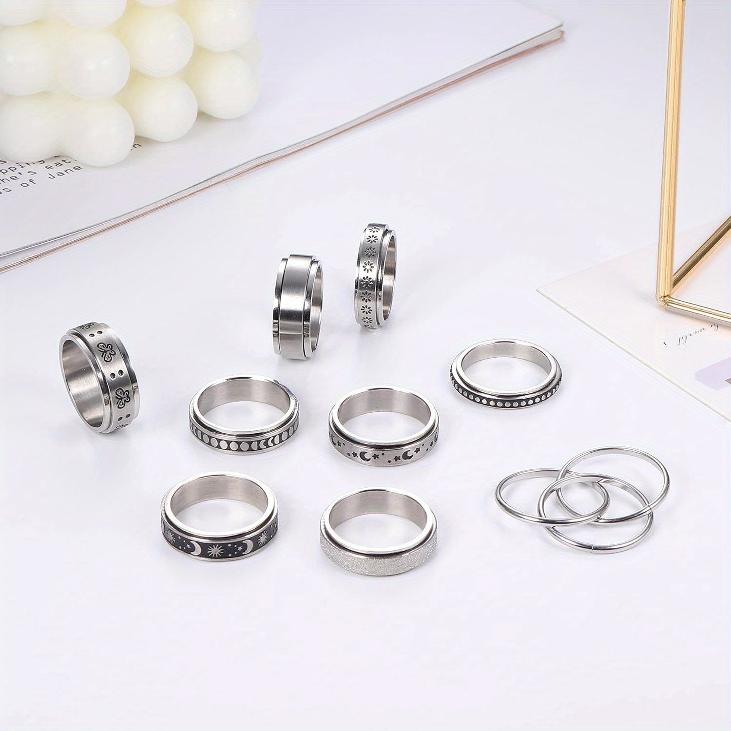 9pcs Stainless Steel Anxiety Rings for Women Men Hypoallergenic Relieving Stress Anxiety Fidget Band Spinner Ring Moon Star Sand Blast Finish Ring