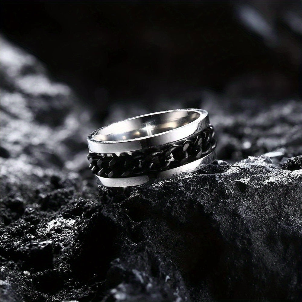 6pcs 316L Stainless Steel Band Rings for Men Women, Black Spinner Rings for Anxiety, Cool Plain Chain Inlaid Fidget Ring Set, Black Mens Wedding Promise Band Ring Pack