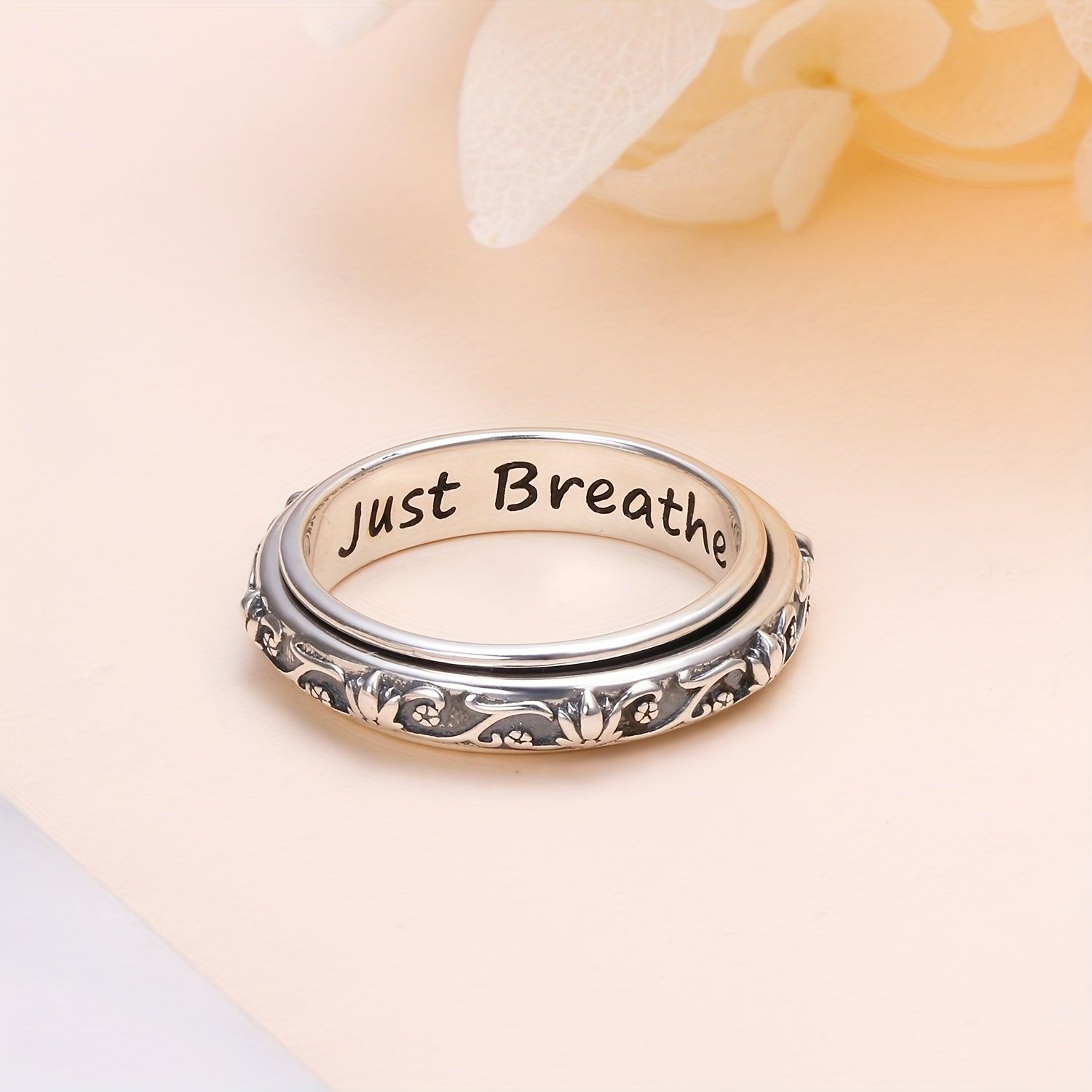 S925 Sterling Silver Lotus Flower Fidget Ring - Yoga Anxiety Worry Band for Women Men - Oxidized ADHD Autism Spinner