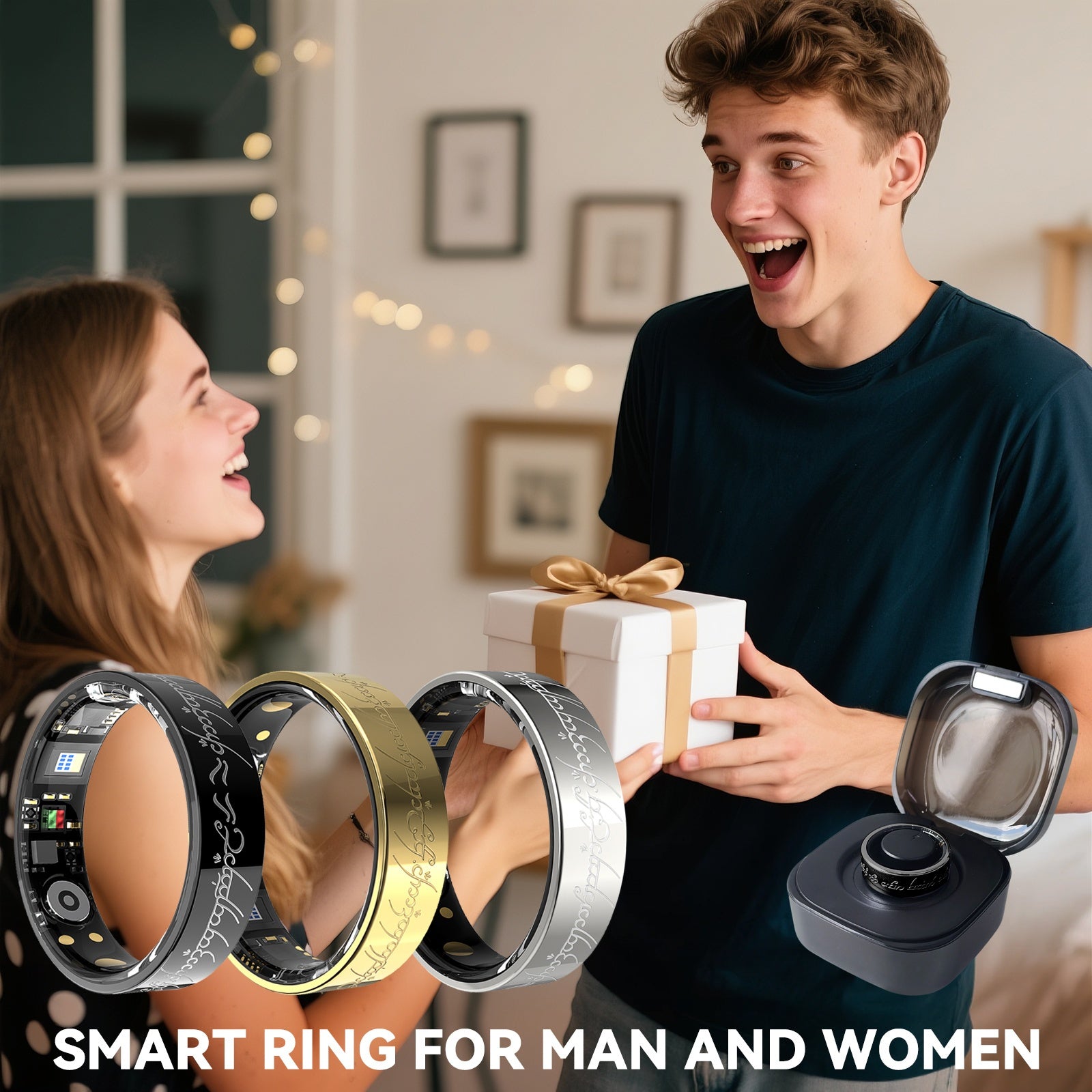 [Smart Health Monitor Ring] Stylish Lightweight Smart Ring for Men and Women | Health Monitor with Charging Station, Engraved Floral Activity Tracker, Long Battery Life