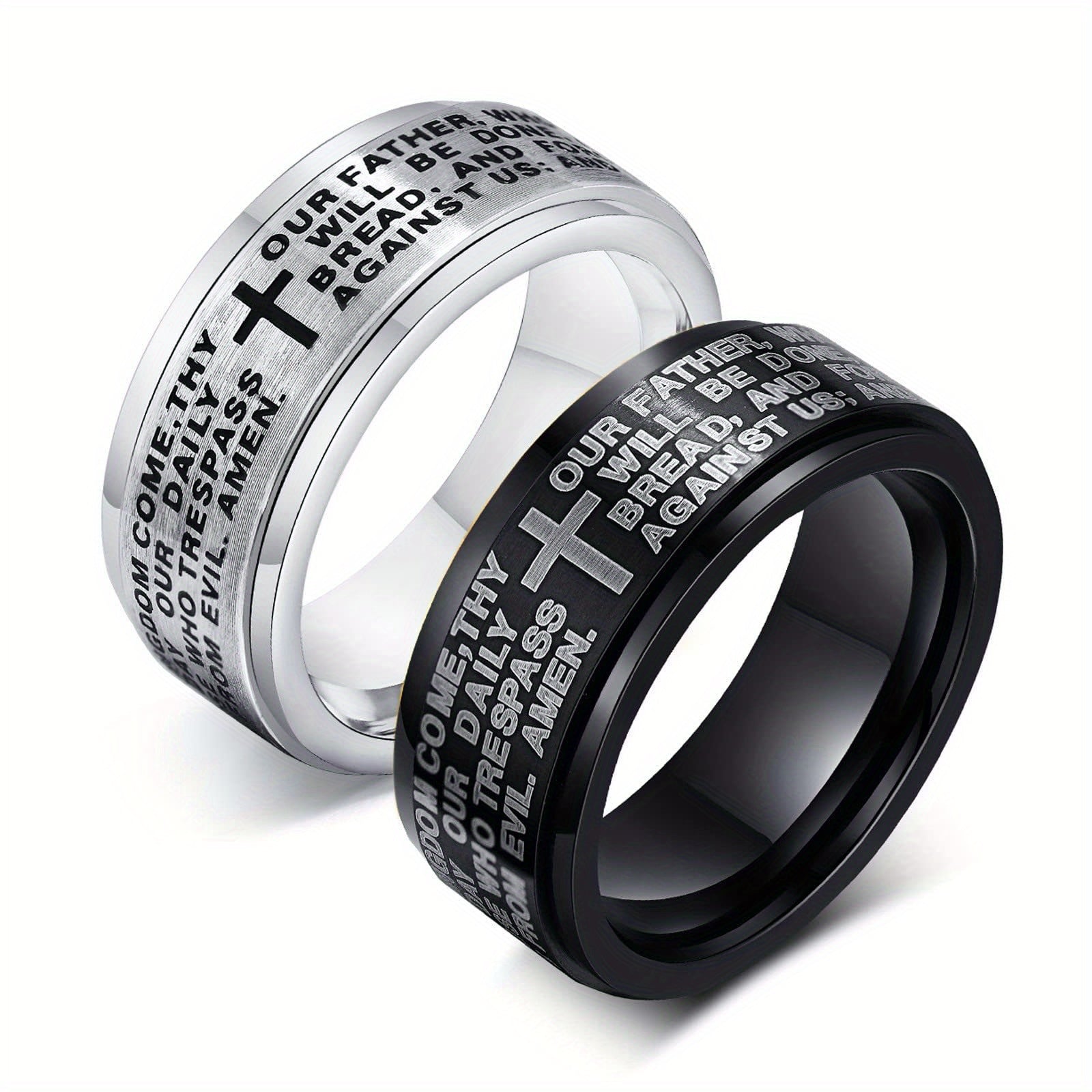 JewelryWe Men'S Rotating Cross Anxiety Ring - Stainless Steel 2-Tone Design, Minimalist Bible Verse Inspired Jewelry for Everyday & Formal Wear, Durable Comfort Fit, Religious Gift for Men, Formal Accessory, Modern Jewelry, Polished Finish, Faithbased