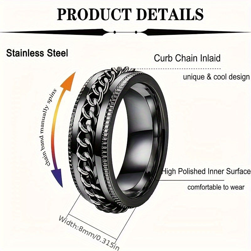 8pcs Men'S 201 Stainless Steel Ring Set - Retro Style Rotating Decompression Ring, Wedding and Engagement Ring