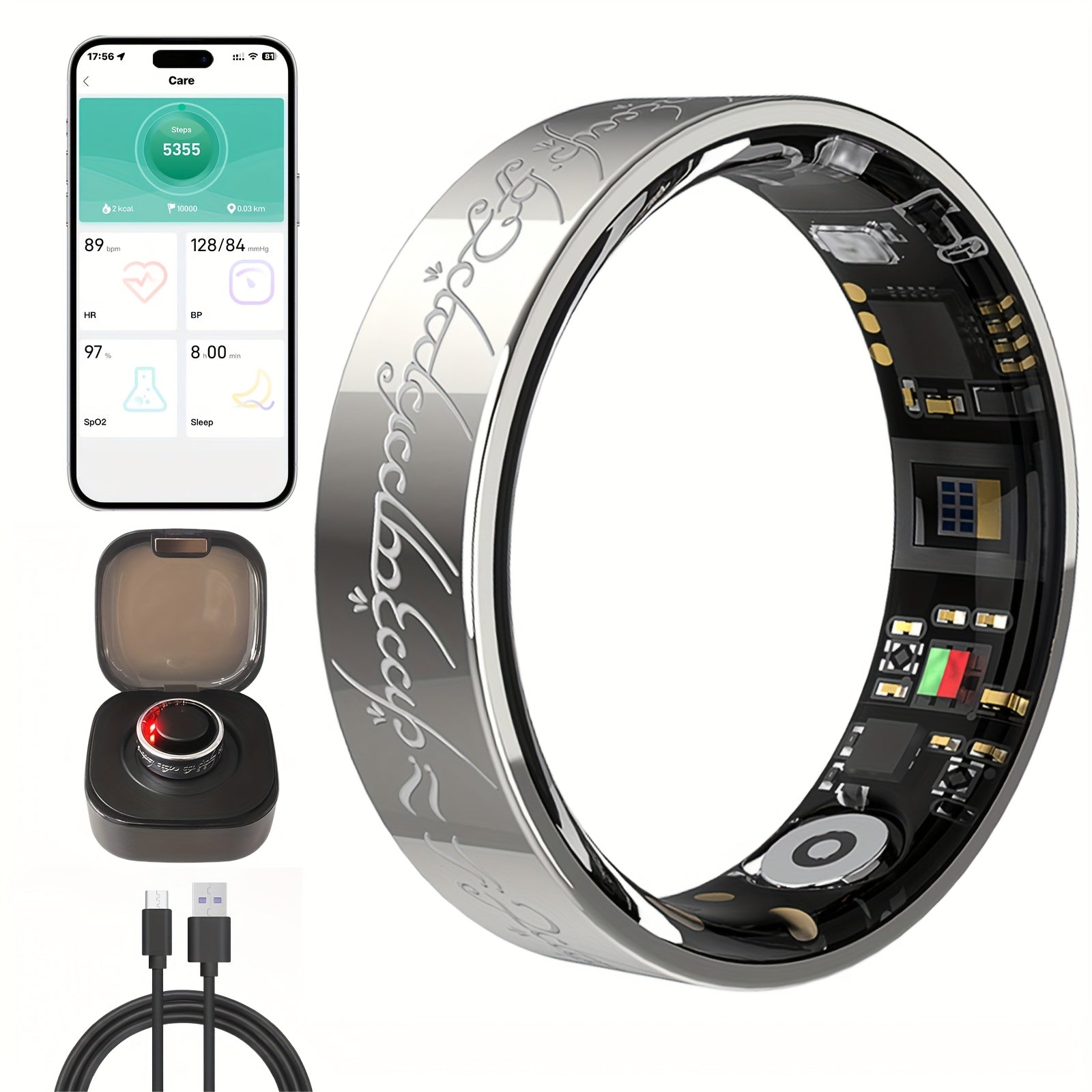 [Smart Health Monitor Ring] Stylish Lightweight Smart Ring for Men and Women | Health Monitor with Charging Station, Engraved Floral Activity Tracker, Long Battery Life