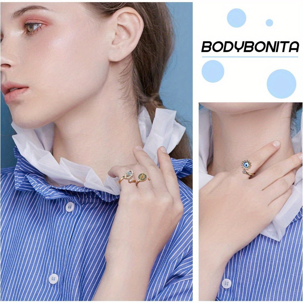 [Evil Eye Anxiety Rings] 3pcs Adjustable Evil Eye Anxiety Rings - Dainty Blue Fidget Spinner Stackable Ring for Teenager