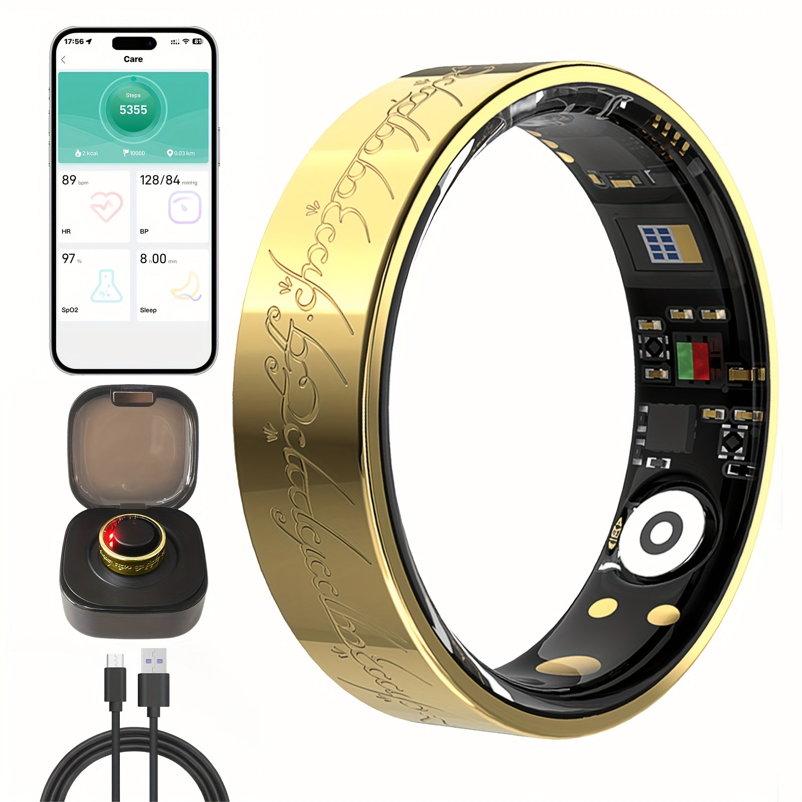[Smart Health Monitor Ring] Stylish Lightweight Smart Ring for Men and Women | Health Monitor with Charging Station, Engraved Floral Activity Tracker, Long Battery Life