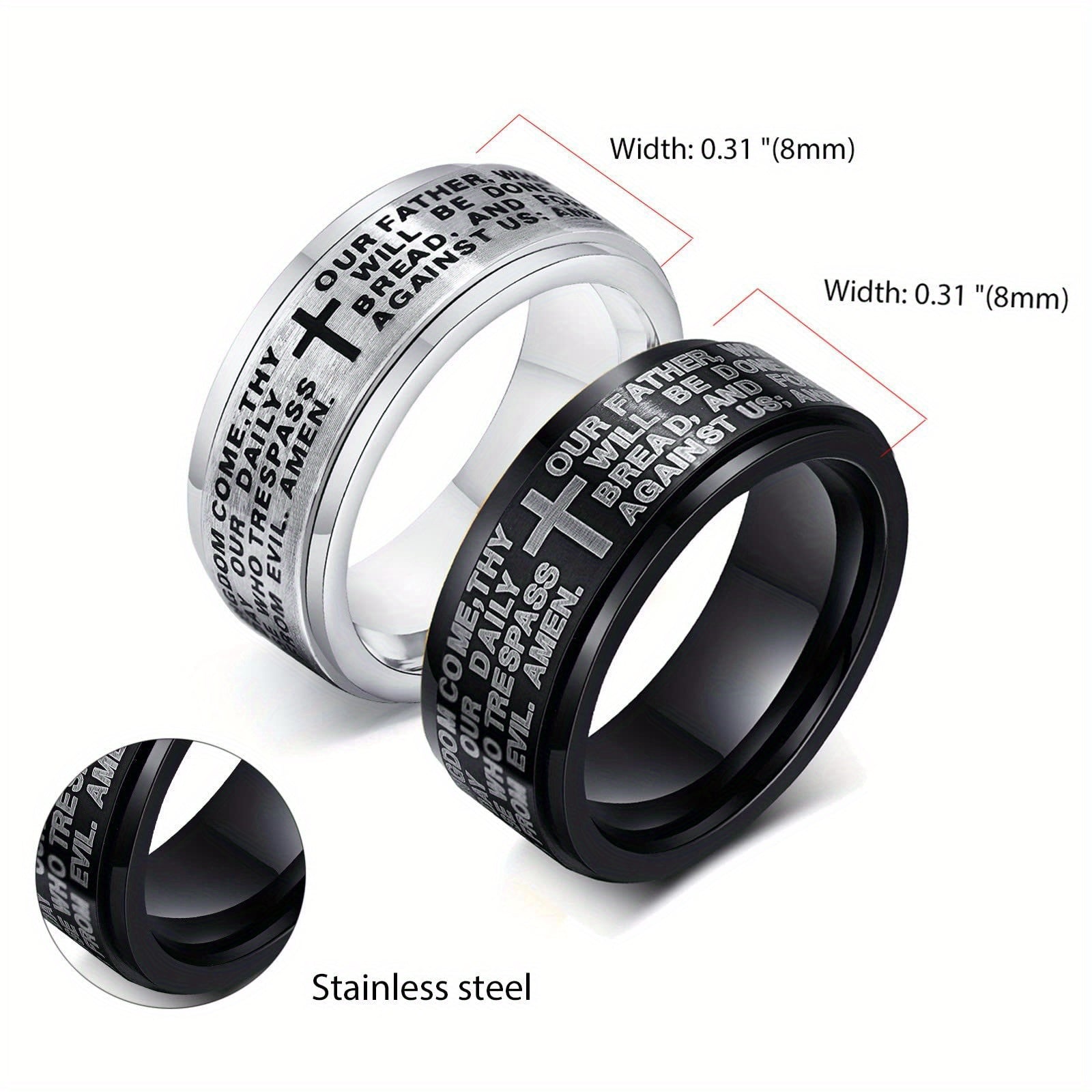 JewelryWe Men'S Rotating Cross Anxiety Ring - Stainless Steel 2-Tone Design, Minimalist Bible Verse Inspired Jewelry for Everyday & Formal Wear, Durable Comfort Fit, Religious Gift for Men, Formal Accessory, Modern Jewelry, Polished Finish, Faithbased